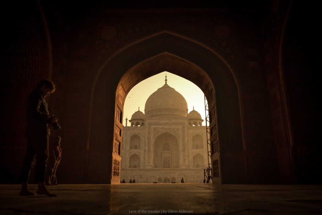 The Taj Mahal glowing in the sunrise